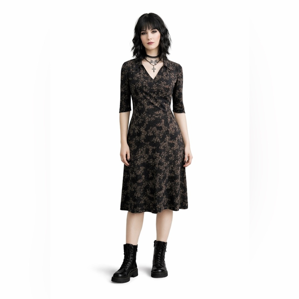 🇨🇦 Historia Black Witchy Dark Floral Midi Dress Size Small